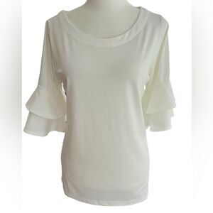 La Mer Luxe white scoop neck top with double ruffle elbow length sleeves size XS